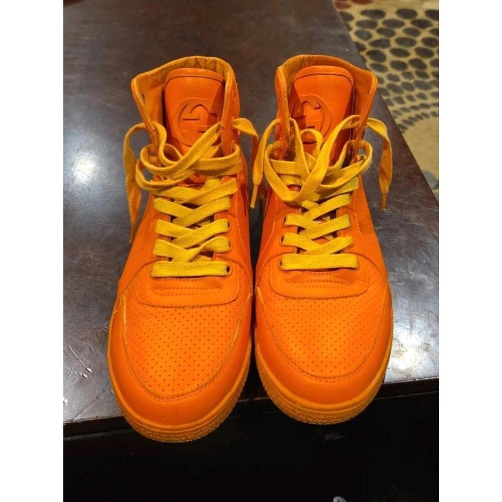 Gucci Womens Neon Orange Perforated Leather Coda High Top Sneakers Size 8